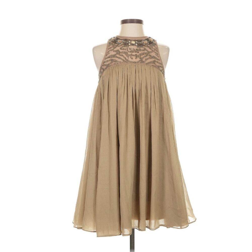 Moulinette Souers Neutral Taupe Brown Beaded Sonora Swing Mini Dress - 2